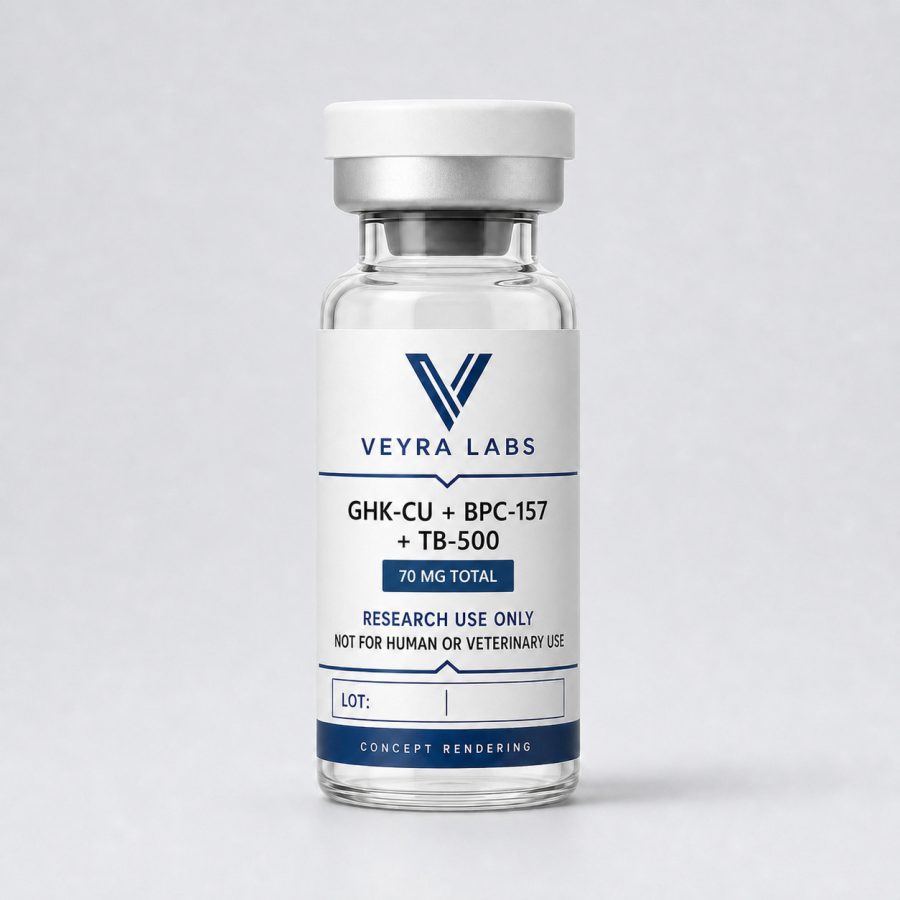 GHK-Cu + BPC-157 + TB-500 blend — Veyra Labs concept rendering